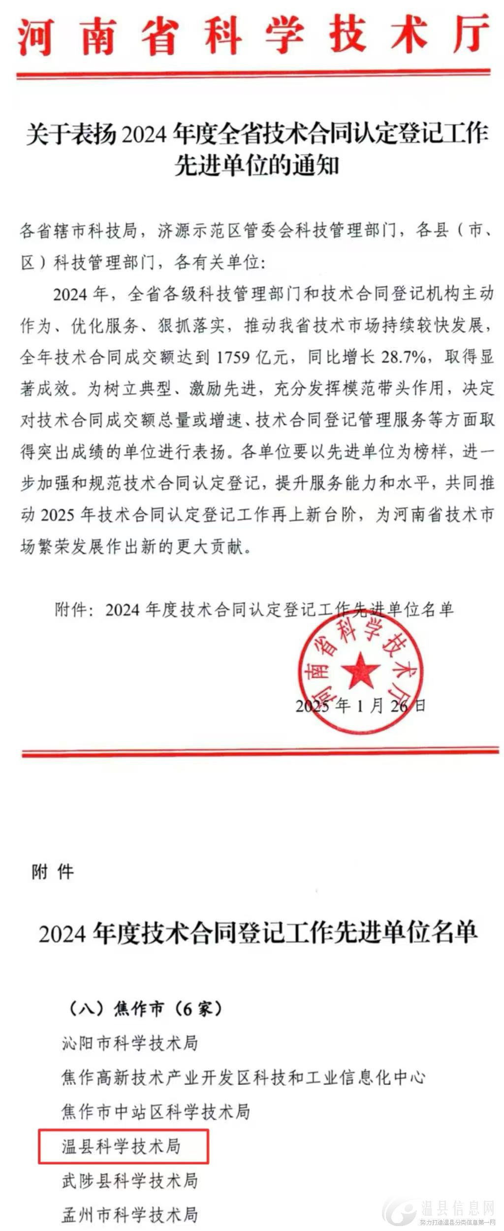 温县获省科技厅表扬→